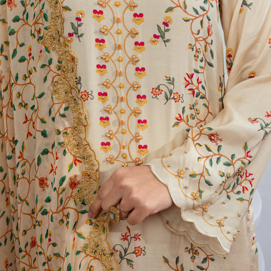 Lyra | Raw Silk 3 Piece | Hand-Embellished And Printed