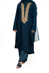 3 Pc Raw Silk Blue Embroidered Suit