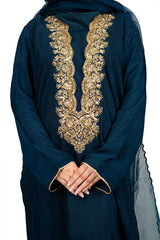 3 Pc Raw Silk Blue Embroidered Suit