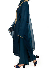 3 Pc Raw Silk Blue Embroidered Suit