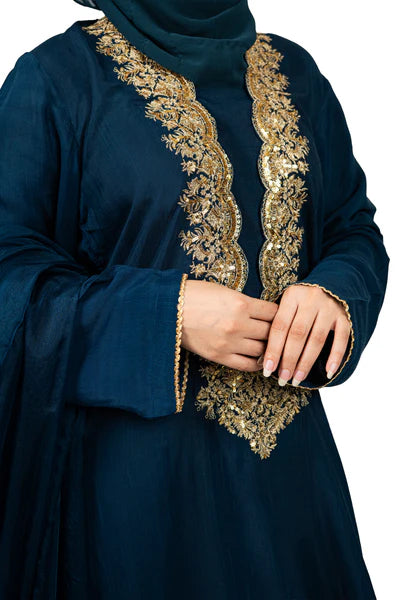 3 Pc Raw Silk Blue Embroidered Suit
