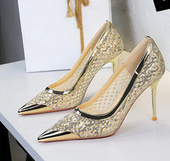 Luxury high heels Sequin mesh Women Pumps Metal pointed tip Women heels 9.5 CM Stiletto Fashion banquet shoes Sexy party shoes