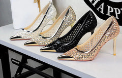 Luxury high heels Sequin mesh Women Pumps Metal pointed tip Women heels 9.5 CM Stiletto Fashion banquet shoes Sexy party shoes