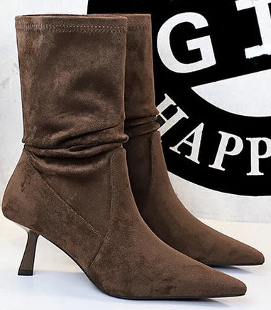 Women Pleated Elastic boots Woman Stiletto 6.5 CM High heel boots Suede Ankle boots Fashion Pointed short boots