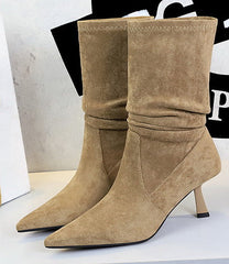 Women Pleated Elastic boots Woman Stiletto 6.5 CM High heel boots Suede Ankle boots Fashion Pointed short boots