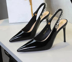 Fashion Women Pointed Toe Patent Leather High Heels Shallow Vamp Rhinestone Decorated Backless Strap Dress Shoes