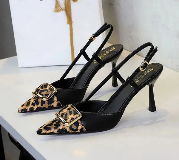 Satin Leopard Pointed Toe Women's Banquet Dress Shoes Elegant Thin High Heeled Pumps Ankle Strap Sexy