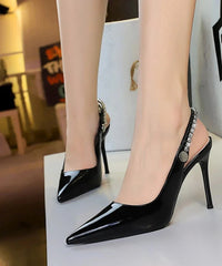 Fashion Women Pointed Toe Patent Leather High Heels Shallow Vamp Rhinestone Decorated Backless Strap Dress Shoes