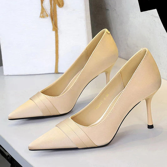 Silk Pumps Pointed Toe Elegant Party Thin Heels Stripper Shoes