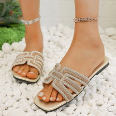 Women's Rhinestone Slippers Outdoor Fashion Non-Slip Beach Shoes Comfortable Flat Square Heel Women's Sandals