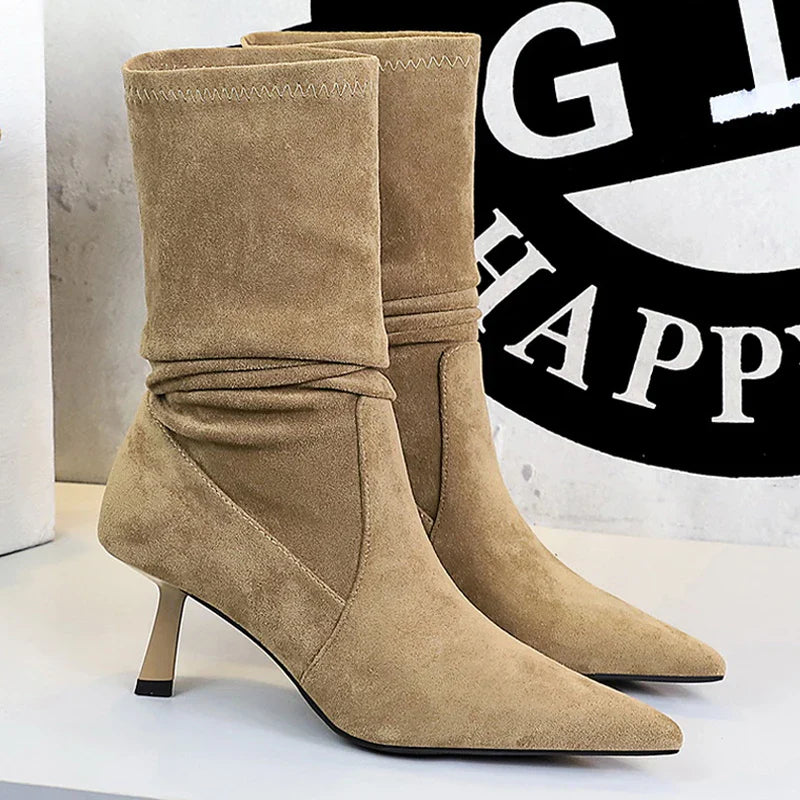 Women Pleated Elastic boots Woman Stiletto 6.5 CM High heel boots Suede Ankle boots Fashion Pointed short boots