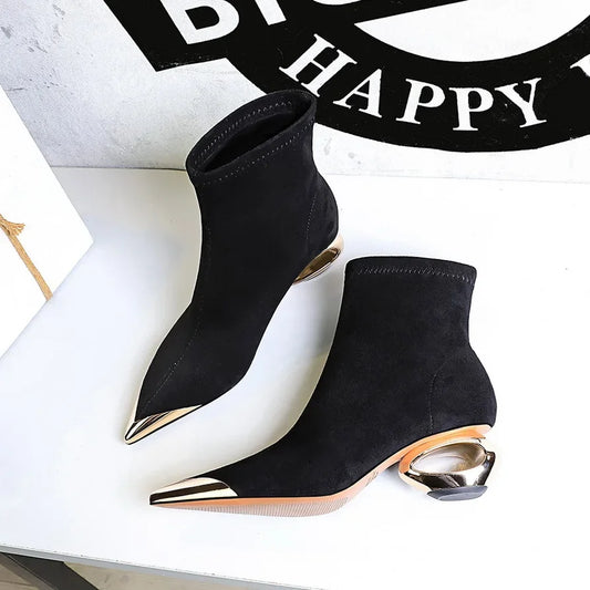 Street Style Fur Metal Hollow Heel Modern Faux Suede Short Boots for Women Metal Pointed Toe Low Heel Boots Female