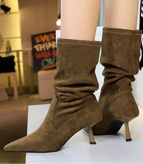 Women Pleated Elastic boots Woman Stiletto 6.5 CM High heel boots Suede Ankle boots Fashion Pointed short boots
