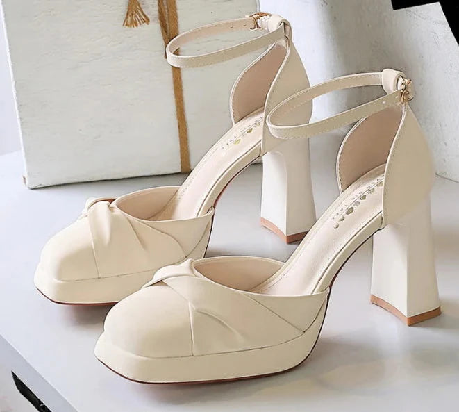 One-Strip Ultra-High Heel Sandals Platform Thick Heel Bow Women Shoes Square Toe Shallow Mouth Hollow Shoes