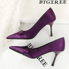 Silk Pumps Pointed Toe Elegant Party Thin Heels Stripper Shoes