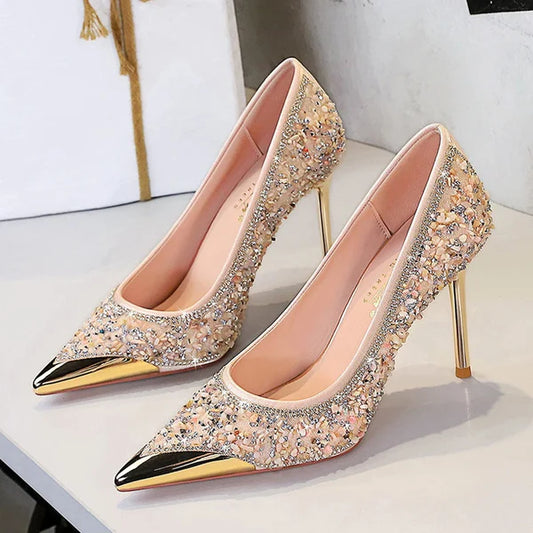 Fashion Metal Decoration Pointed Toe Woman Pumps Thin Heels Wedding Party Ladies Shoes