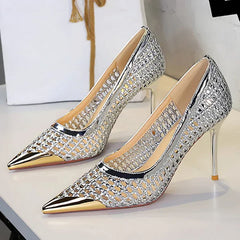 Fashion Metal Decoration Pointed Toe Pumps Woman Thin Heels Sexy Hollow Out Ladies Shoes
