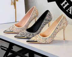 Fashion Metal Decoration Pointed Toe Woman Pumps Thin Heels Wedding Party Ladies Shoes