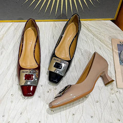 Square Head Kitten Heels Stiletto Women's Shoes Patent Leather Light Mouth French Kitten Heel Shoes