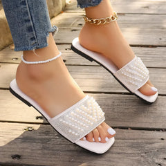 Small Fragrant style flat bottomed plus size slippers for women square headed rhinestone pearl fashionable casual slippers