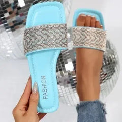 Women's Sandals Flat Bottom Slip-On Shoes Crystal Shiny Sequin Style Square Head Open-Toe Flat Heels