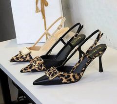 Satin Leopard Pointed Toe Women's Banquet Dress Shoes Elegant Thin High Heeled Pumps Ankle Strap Sexy