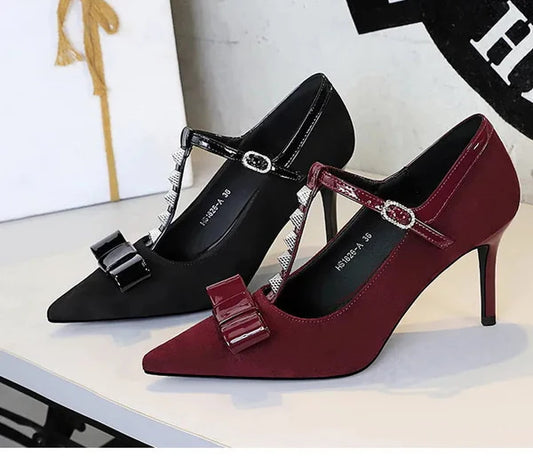 Banquet Bow Rivet T-button Pointed Head High Heel Women's Single Shoes