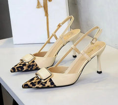 Satin Leopard Pointed Toe Women's Banquet Dress Shoes Elegant Thin High Heeled Pumps Ankle Strap Sexy