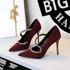 Banquet Pointed Toe High Heels Diamond Chain One-Strip Thin Heel Super High Heels Light Mouth Elegant Lace-Up