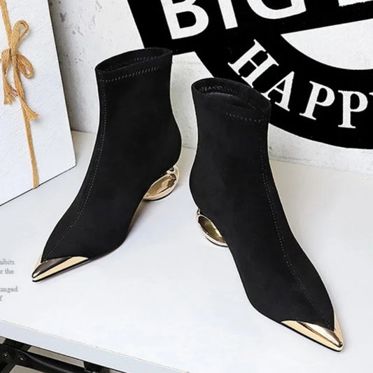 Street Style Fur Metal Hollow Heel Modern Faux Suede Short Boots for Women Metal Pointed Toe Low Heel Boots Female