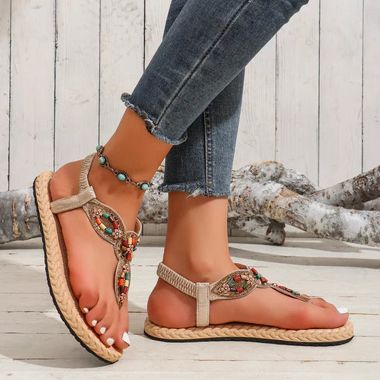 Women's retro casual Roman flat non-slip beaded sandals