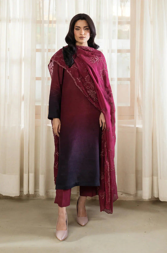 Carmine | Raw Silk 3-Piece | Dyed With Embroidered Dupatta
