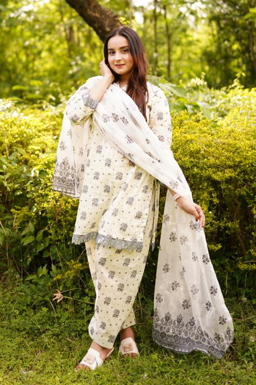 Printed Lawn 3-Piece Stitched Suit with Chiffon Dupatta