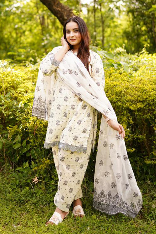 Printed Lawn 3-Piece Stitched Suit with Chiffon Dupatta