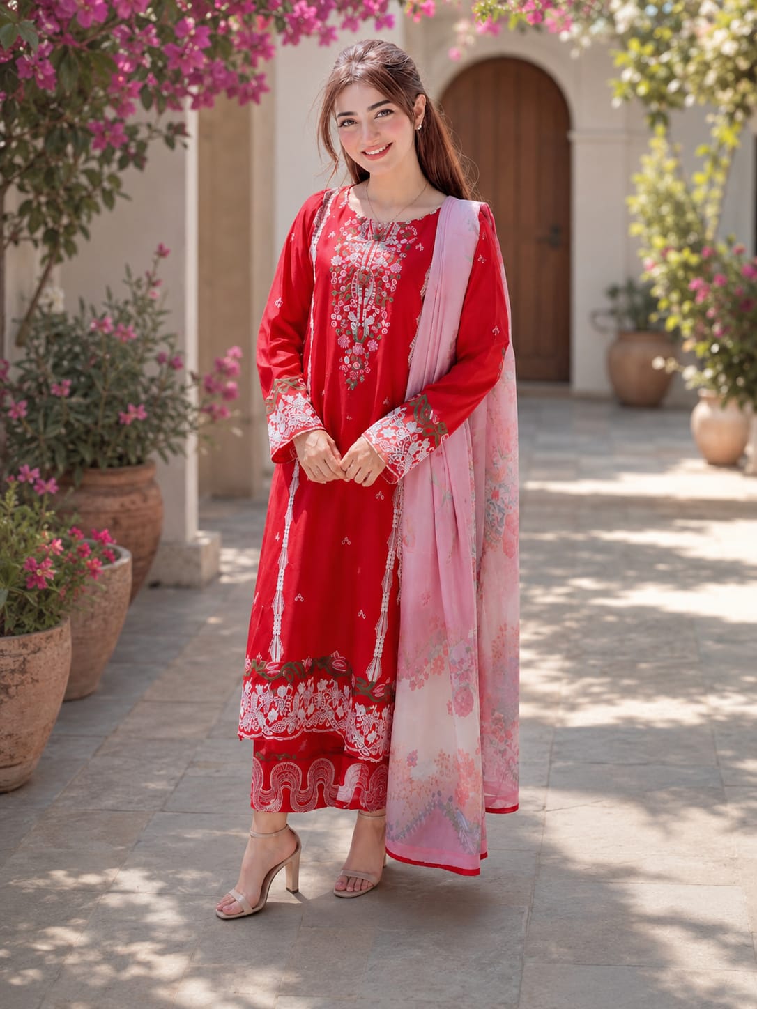 Shadmani – Heavily Embroidered Crimson Lawn Set Main image