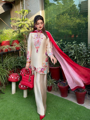 Beige Pure Tussal Silk Ensemble