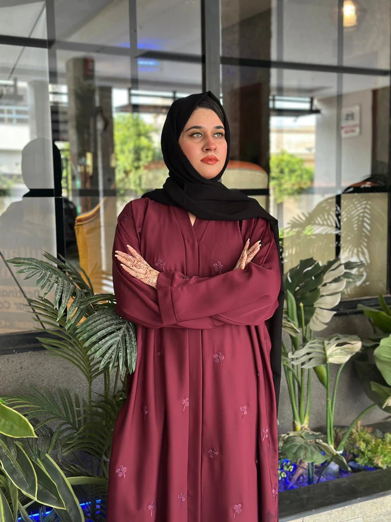 Floral Elegance Mehroon Embroided Abaya.- 60