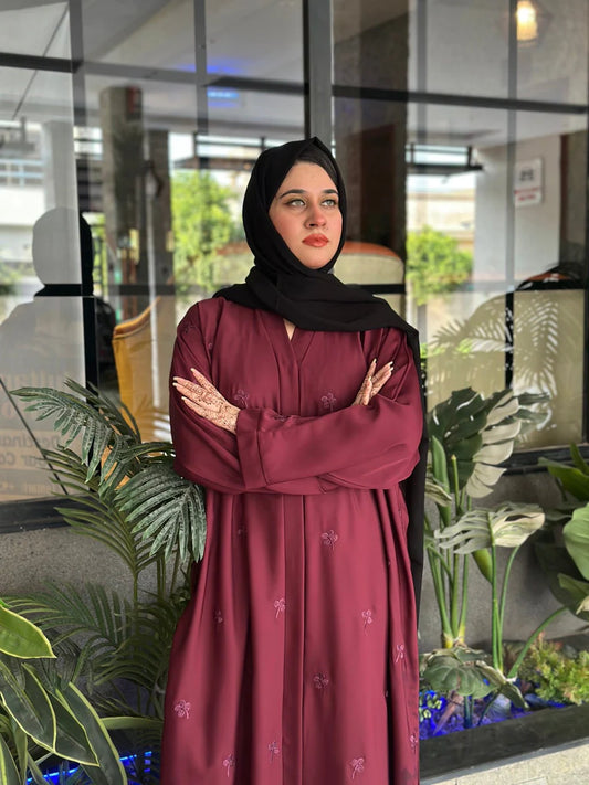Floral Elegance Mehroon Embroided Abaya.- 60