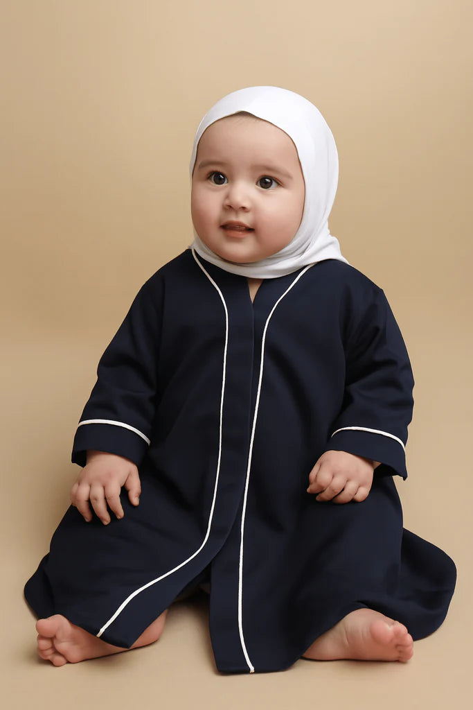 Kids Blue Abaya with White Piping