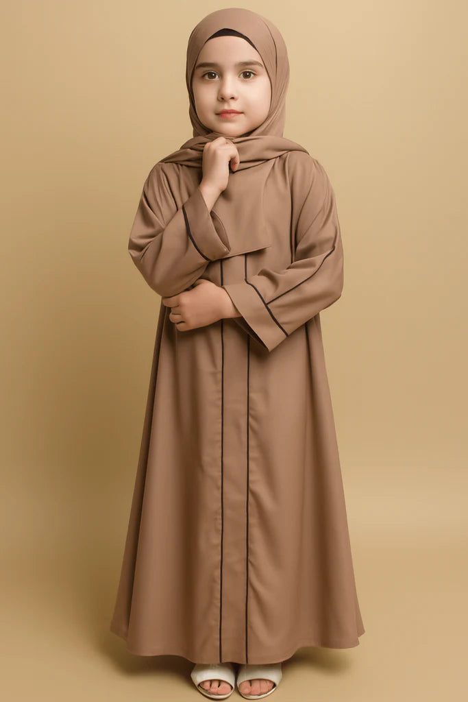 Kids Brown Abaya with Black Piping