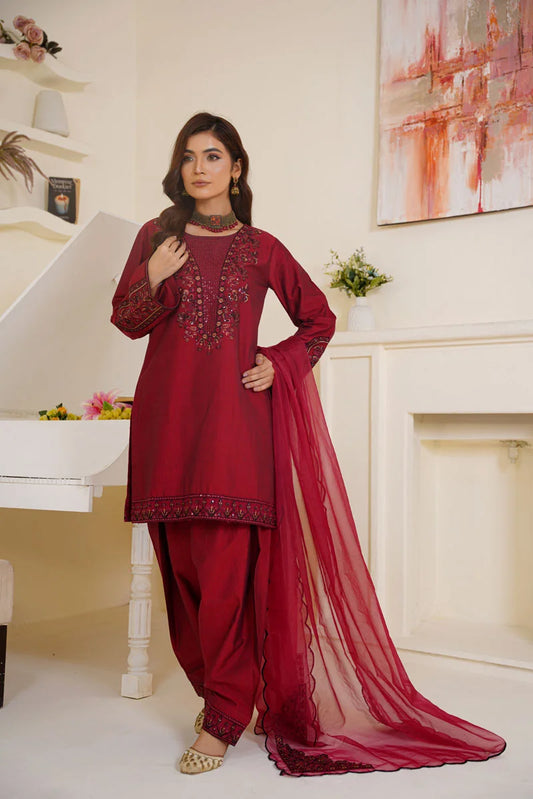 Ruby- Maroon Embroidered 3 Piece Suit